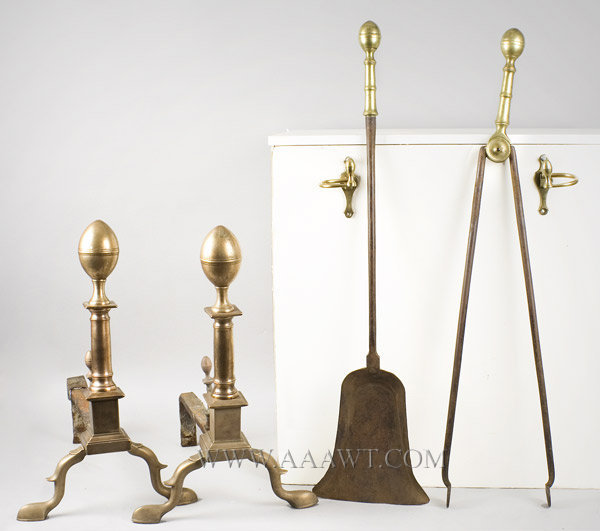 Federal Brass Andirons, Column Shaft on Plinth, Barbed Scrolled Feet
Complete with Tools and Jamb Hooks
Probably Boston
Circa 1785 to 1800, entire view